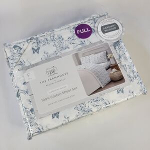 Farmhouse Shabby Chic FULL Sheet Set 4pc White Blue Toile Birds Butterfly Cotton
